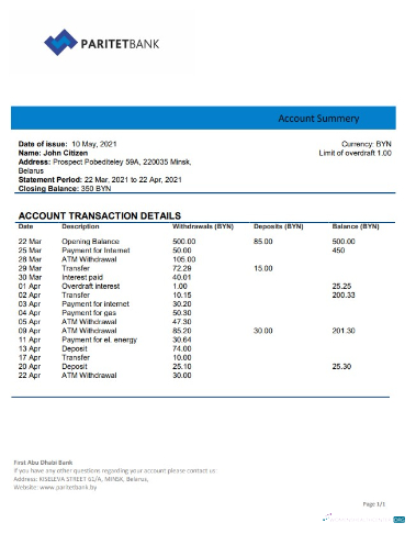 Download Belarus Paritet bank statement word